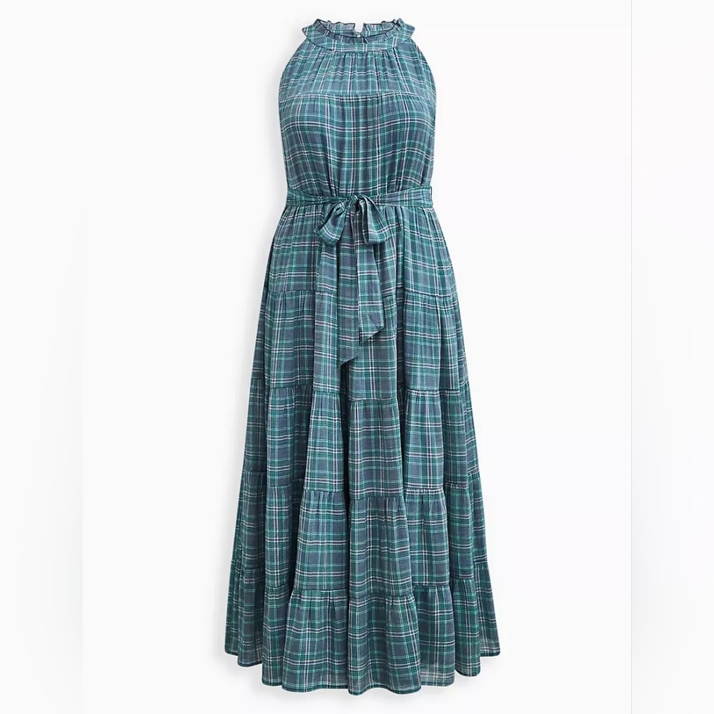 EUC Torrid Blue Green Plaid Maxi Dress Size 2 - belt not included